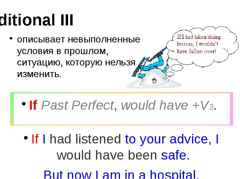 Conditional III
описывает невыполненные условия в прошлом, ситуацию, которую нельзя изменить. Conditional III
описывает невыполненные условия в прошлом, ситуацию, которую нельзя изменить.