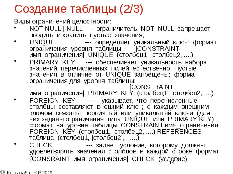 Создание таблицы (2/3)
Виды ограничений целостности:
NOT NULL | NULL — Создание таблицы (2/3)
Виды ограничений целостности:
NOT NULL | NULL —