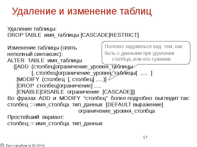 Удаление и изменение таблиц Удаление таблицы: DROP TABLE имя_таблицы [CASCADE|RESTRICT] Изменение