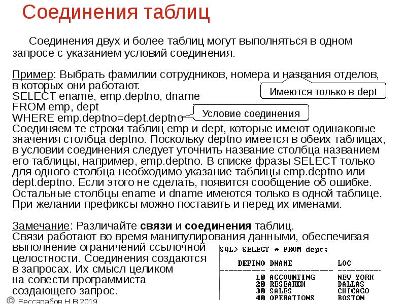Соединения таблиц
Соединения двух и более таблиц могут выполняться в одном Соединения таблиц
Соединения двух и более таблиц могут выполняться в одном