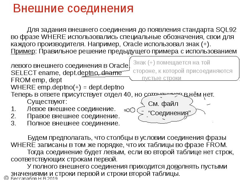 Внешние соединения
Для задания внешнего соединения до появления стандарта SQL92
во Внешние соединения
Для задания внешнего соединения до появления стандарта SQL92
во