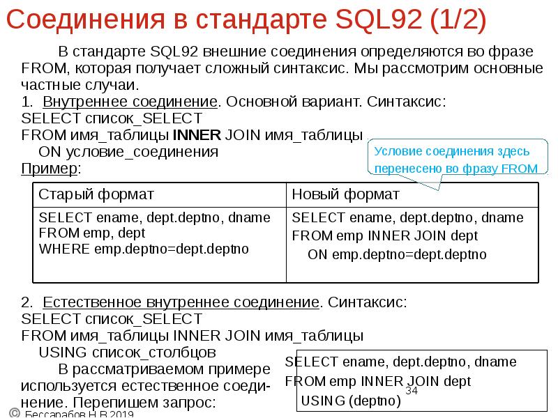 Соединения в стандарте SQL92 (1/2)
В стандарте SQL92 внешние соединения определяются Соединения в стандарте SQL92 (1/2)
В стандарте SQL92 внешние соединения определяются