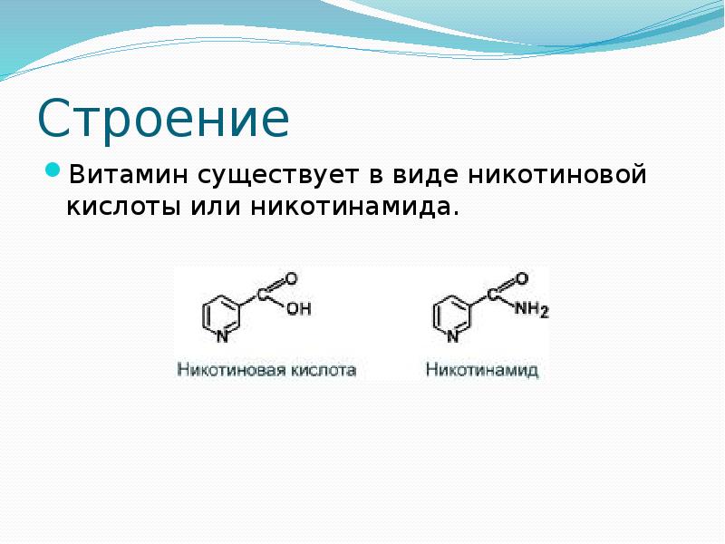 Никотиновая кислота презентация. Строение коферментного форма никотиновой кислоты. Никотинамид строение.