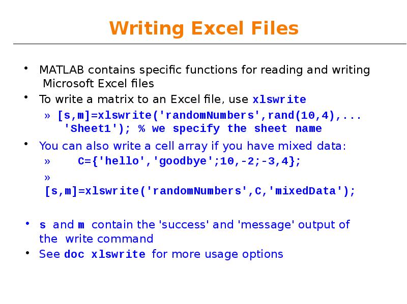 Writing Excel Files Writing Excel Files
