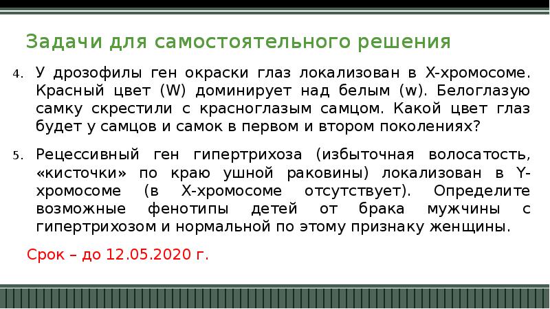 Локализован в х хромосоме. У дрозофилы красный цвет глаз доминирует над белым. Рецессивный ген локализованный в x хромосоме. Задачи на цвет глаз доминантный. У дрозофилы доминантный ген красной окраски глаз w.