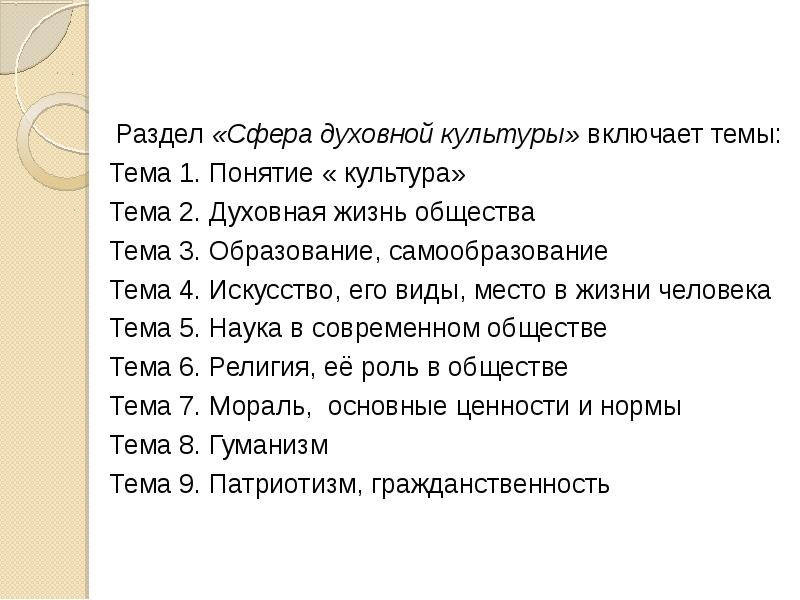 Тест духовная сфера 8. Раздел сфера духовной культуры. Разделы духовной культуры. Роль духовной культуры в жизни общества развернутый план. Термины по разделу духовная сфера.