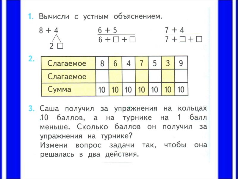 Таблица сложения однозначных чисел с переходом через десяток до 20 презентация