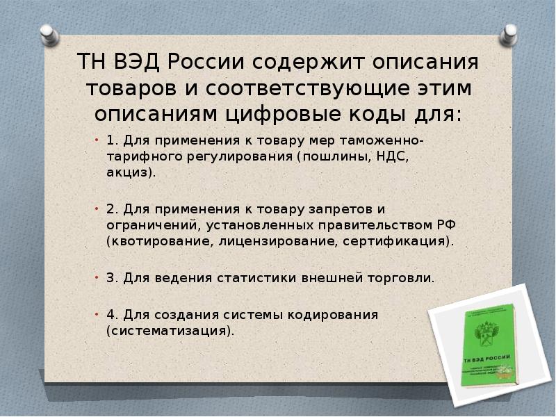 В предложении 4 содержится описание. 15. Применение тн ВЭД при таможенном оформлении и контроле..