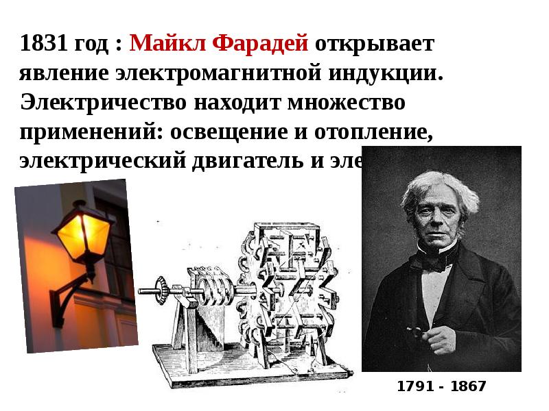 1831 год : Майкл Фарадей открывает явление электромагнитной индукции. 
