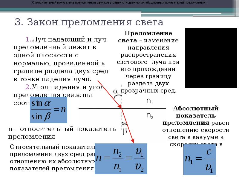 Абсолютный показатель среды. Относительный показатель преломления света формула. Закон преломления света показатель преломления. Абсолютный показатель преломления физика 11 класс. Показатель преломления физика 11 класс.