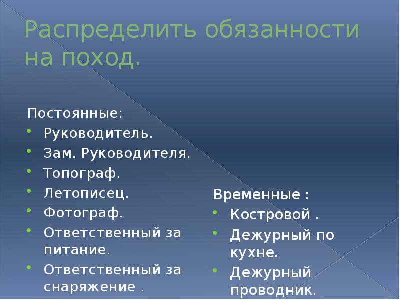 Временные обязанности. Распределение обязанностей в походе. Распределение обязанностей в туристическом походе. Распределить обязанности в походе. Распределять обязанности.