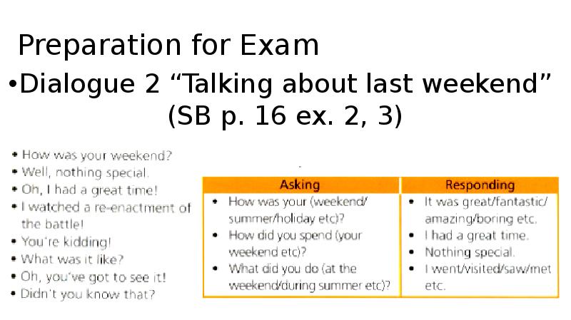 Preparation for Exam Dialogue 2 “Talking about last weekend” (SB p.