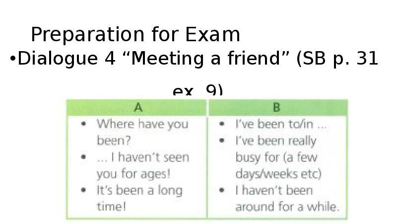 Preparation for Exam Dialogue 4 “Meeting a friend” (SB p. 31