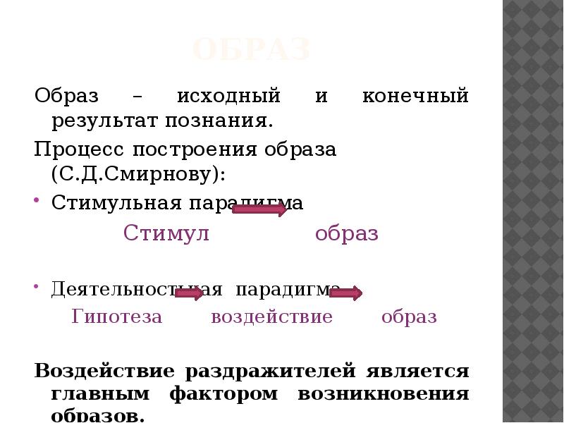 Исходный образ. Стимульные факторы. Стимульная парадигма процесса построения образа. Стимульная парадигма Смирнова.