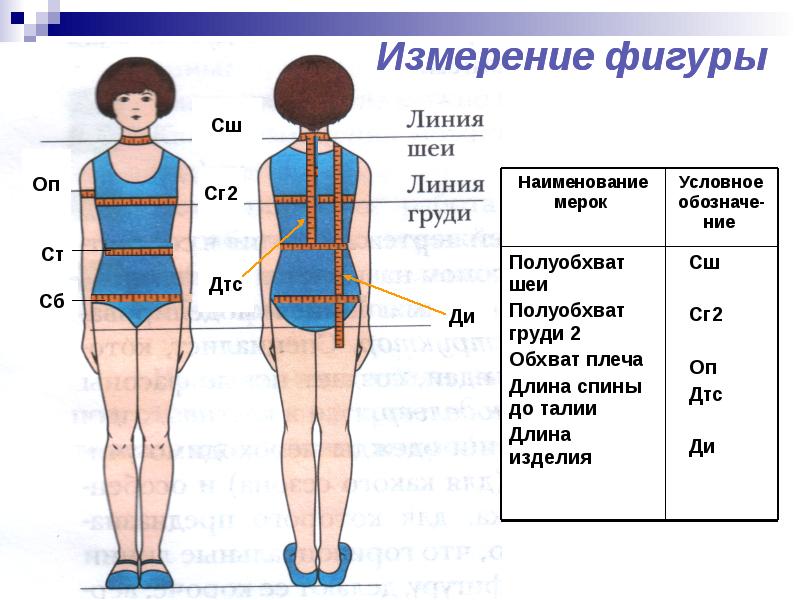 Мерки необходимые для построения чертежа основы изделия с цельнокроеным рукавом