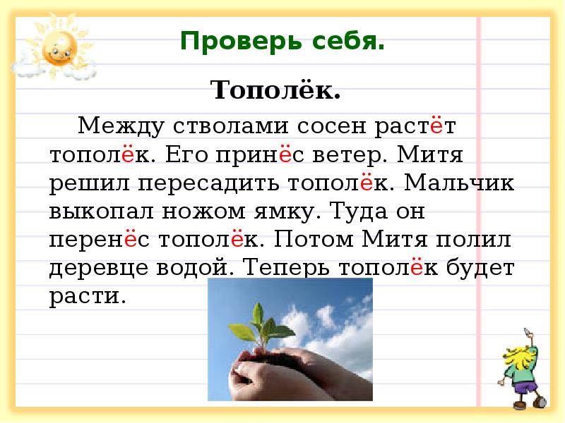 Проверь себя.
Тополёк.
Между стволами сосен растёт тополёк. Его принёс ветер. Проверь себя.
Тополёк.
Между стволами сосен растёт тополёк. Его принёс ветер.