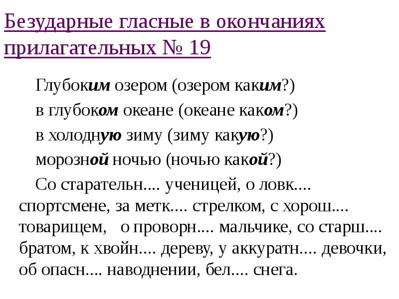 Безударные гласные в окончаниях прилагательных № 19    