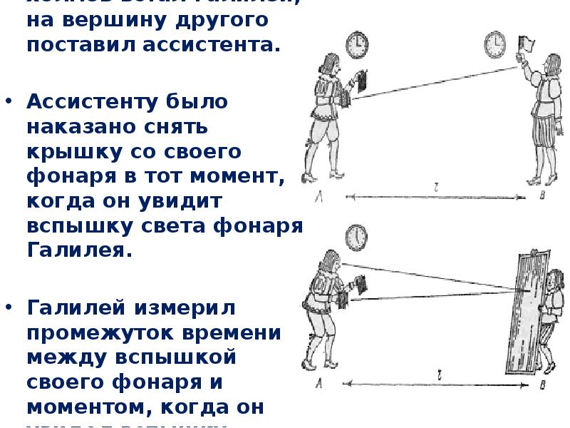 Что были установлены другими. Опыт Галилея по измерению скорости света. Метод Галилея определение скорости света. Опыт Галилея по измерению скорости света картинки. Опыт Галилея по определению скорости света на холмах.