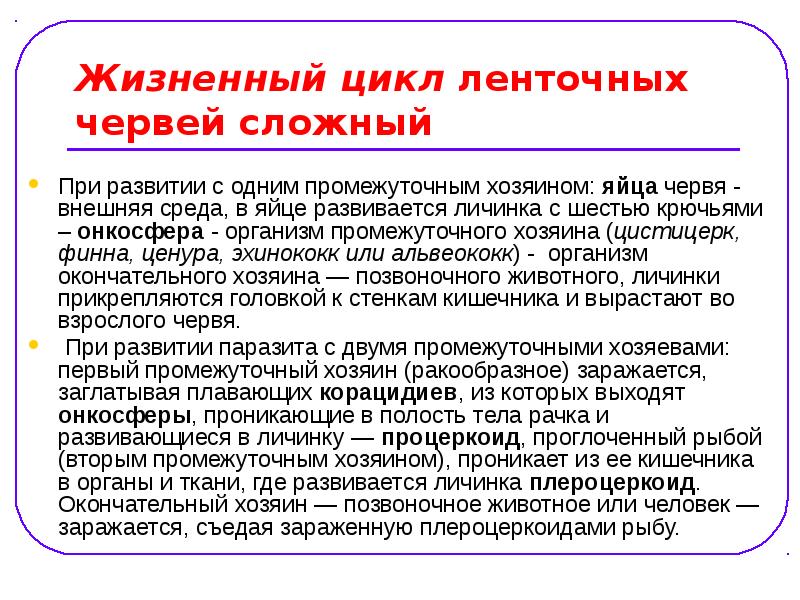 Жизненный цикл ленточных червей сложный
При развитии с одним промежуточным Жизненный цикл ленточных червей сложный
При развитии с одним промежуточным