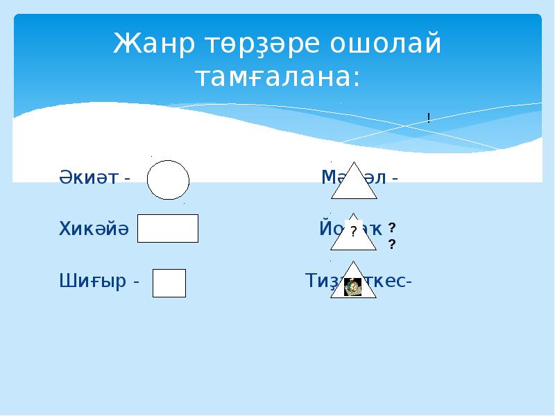 Жанр төрҙәре ошолай тамғалана:
Әкиәт - Жанр төрҙәре ошолай тамғалана:
Әкиәт -