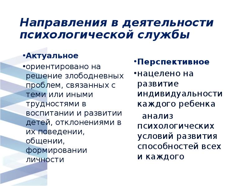 Направления в деятельности психологической службы Актуальное  ориентировано на решение злободневных