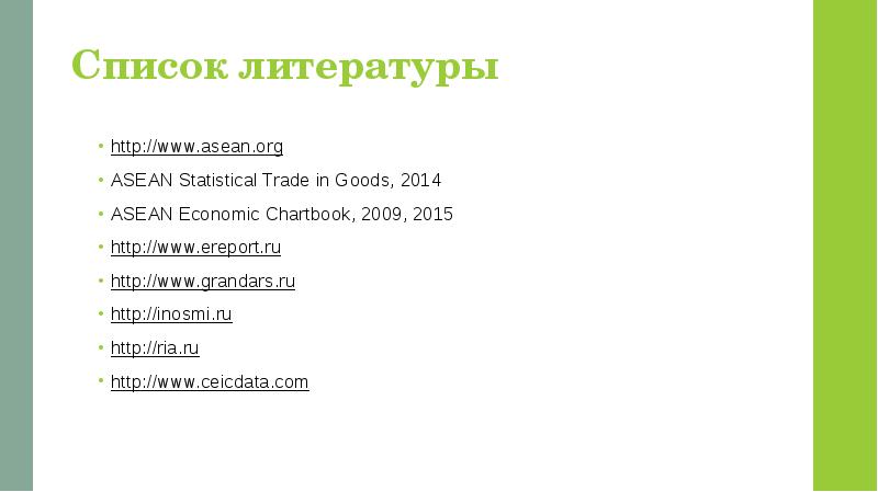 Список литературы
http://www.asean.org
ASEAN Statistical Trade in Goods, 2014
ASEAN Economic Список литературы
http://www.asean.org
ASEAN Statistical Trade in Goods, 2014
ASEAN Economic